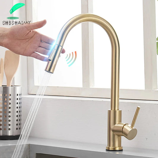 SHBSHAIMY Kitchen Faucet Touch Pull Out Deck Mounted 360 Rotation Sensor Tap Cold and Hot Water Mixer Tap Battery Powered