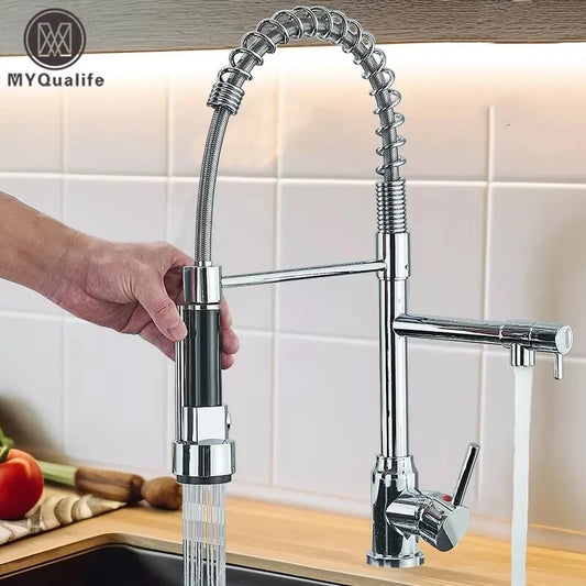 Chrome Brass Kitchen Sink Faucet Pull Down Hot and Cold Water Mixer2 Mode Tap with Dual Spout 360 Rotation Flexible Deck Mounted