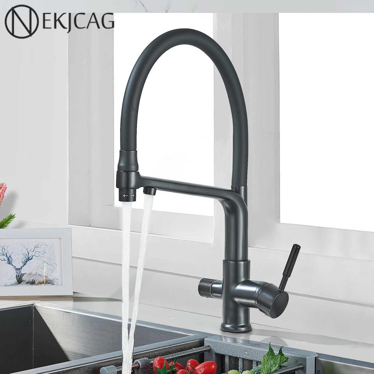 Nekjcag Black Filter Kitchen Faucet Pured Water Kitchen Sink Taps 360 Rotate Pull Down Flexible Pipe 2 Function Nozzle Mixer