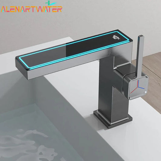 Gun Grey Bathroom Faucet Intelligent Digital Display LED Basin Hot Cold Water Mixer Sink Tap Brass Washbasin Vanity Tap Tapware