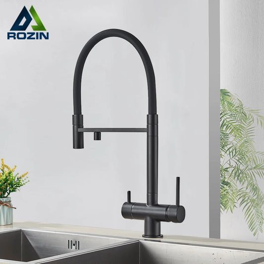 Rozin Filter Water Kitchen Faucet Black Pull Down Flexible Sprayer Faucets 2 in 1 Purification Pure Water Mixer Tap 360 Swivel