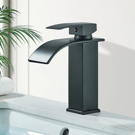 Matte Black Basin Faucet Deck Mounted Single Lever Bathroom Crane Waterfall Brass Bathroom Tap Hot Cold Water Mixer Taps