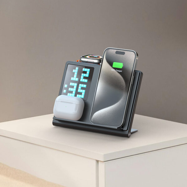 Trending Products Portable 5-in-1 Pixel Animation Foldable Wireless Charger Stand Pad for Mobile Phone Smart Watch Earphone