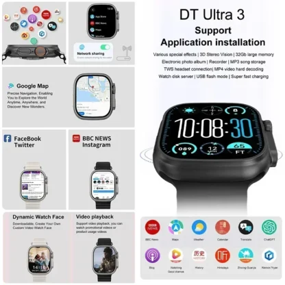 Fashion NEW DT Ultra 3 32GB Smart Watch Google Map Music Video Player HD Bluetooth Call APP Store NFC Smart AI Voice Sport Watch - Image 2