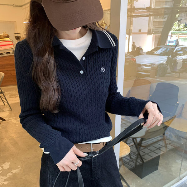 Chic Loose Knit Sweater with Polo Neck, Embroidered Long Sleeve