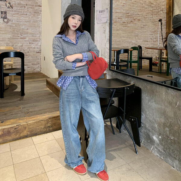 Solid Color V-Neck Loose Long Sleeve Knit Sweater with Cable Knit Design for Women