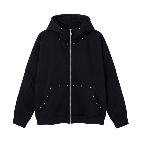Retro rivet design zipper cardigan hooded jacket