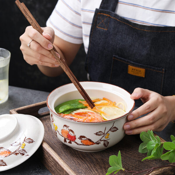 Ceramic instant noodle bowl, Chinese household tableware with lid