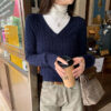 Solid Color V-Neck Loose Long Sleeve Knit Sweater with Cable Knit Design for Women