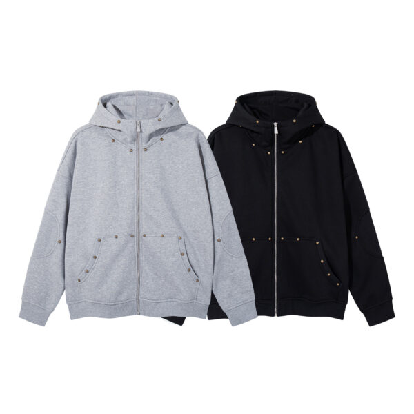 Retro rivet design zipper cardigan hooded jacket