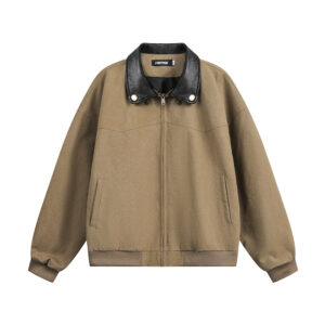 Splicing contrasting PU leather flip collar workwear jacket