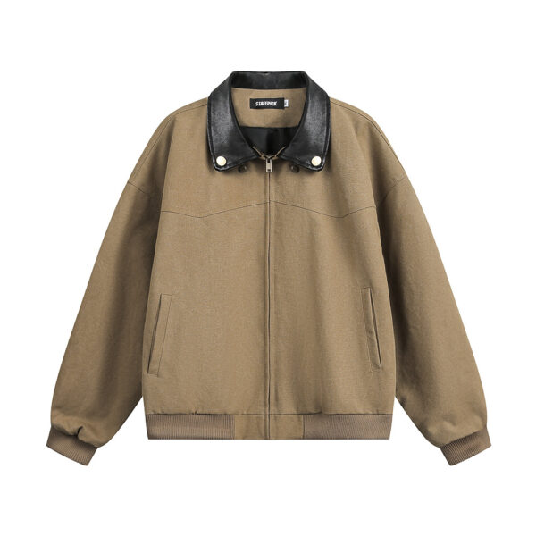 Splicing contrasting PU leather flip collar workwear jacket