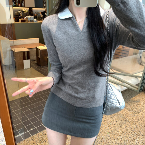 Style Mock Two-Piece Knit Top with Turn-Down Collar for Women, Fitted Sweater Shirt, Short Crop Top