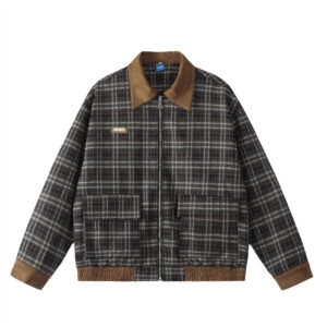 Plaid large pocket color blocked lapel jacket