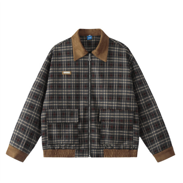 Plaid large pocket color blocked lapel jacket