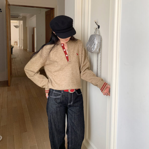 Vintage Casual Embroidered Knit Sweater Long Sleeve Loose Fit Inner Layer Top