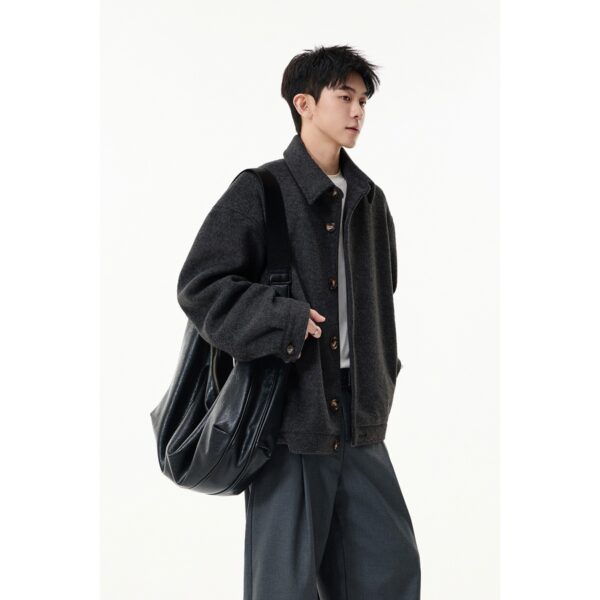 Notched Lapel Workwear Jacket for Men, Loose Wool Blend Coat