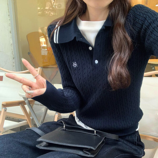Chic Loose Knit Sweater with Polo Neck, Embroidered Long Sleeve
