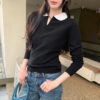 Style Mock Two-Piece Knit Top with Turn-Down Collar for Women, Fitted Sweater Shirt, Short Crop Top