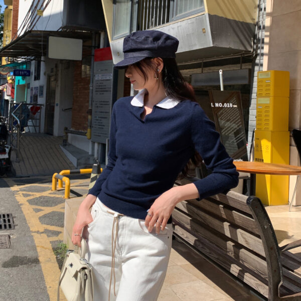 Style Mock Two-Piece Knit Top with Turn-Down Collar for Women, Fitted Sweater Shirt, Short Crop Top