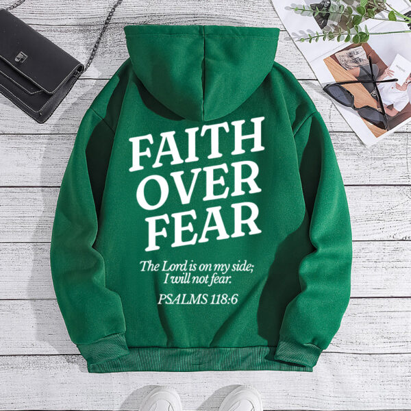FAITH OVER printed back collar and fleece hooded sweatshirt