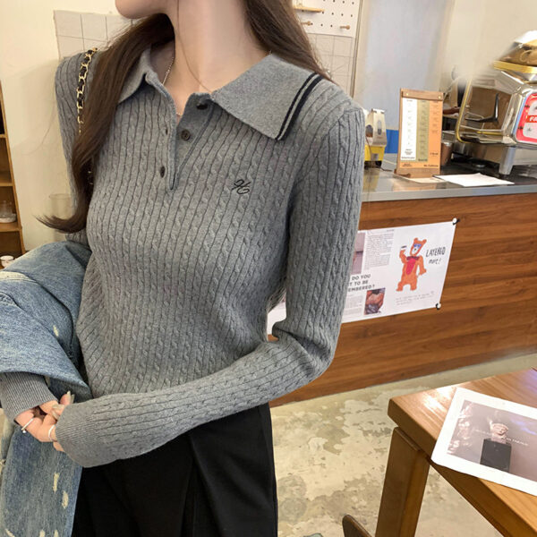 Chic Loose Knit Sweater with Polo Neck, Embroidered Long Sleeve