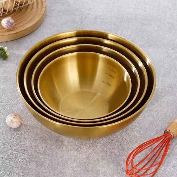 Golden mixing bowls for cooking, baking, noodles, and salads.