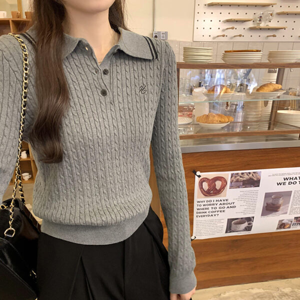 Chic Loose Knit Sweater with Polo Neck, Embroidered Long Sleeve
