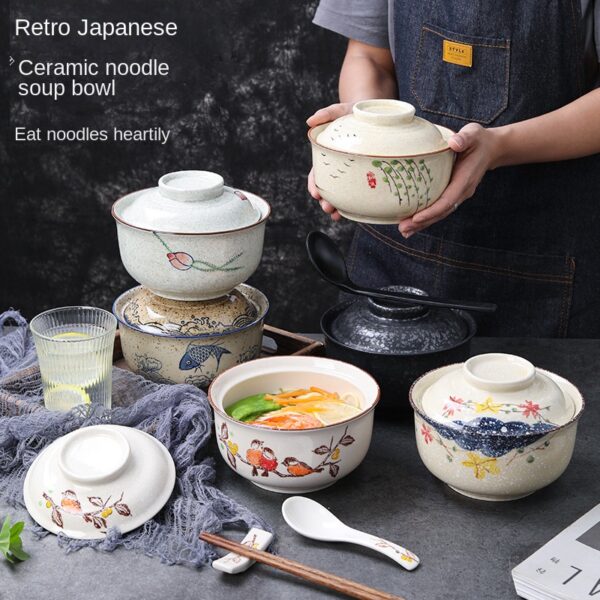 Ceramic instant noodle bowl, Chinese household tableware with lid