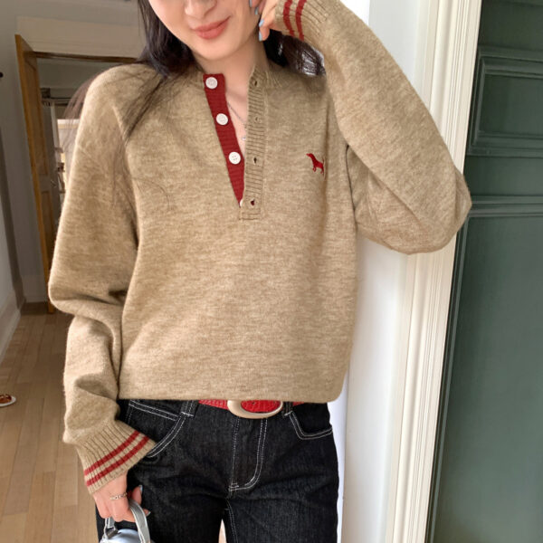Vintage Casual Embroidered Knit Sweater Long Sleeve Loose Fit Inner Layer Top