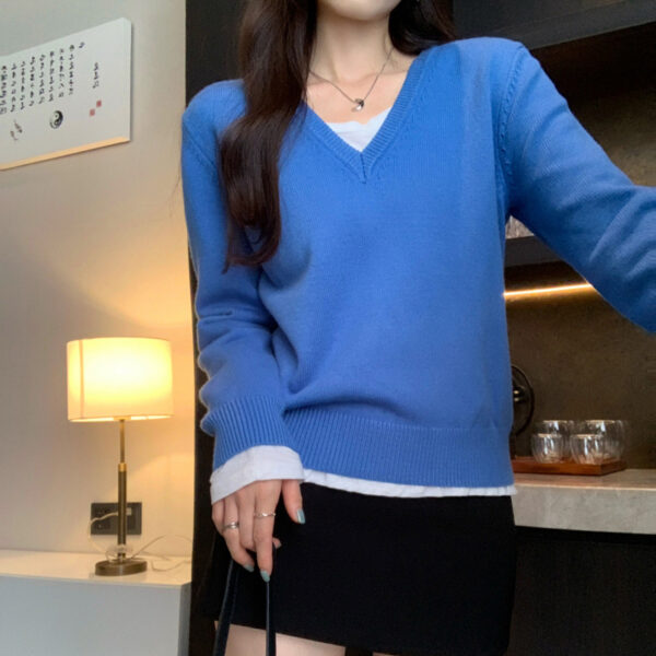 Relaxed Loose Fit V-Neck Long Sleeve Knit Sweater for Women