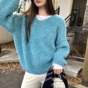 Blue V-Neck Loose Soft Knit Sweater for Women Long Sleeve Knit Top