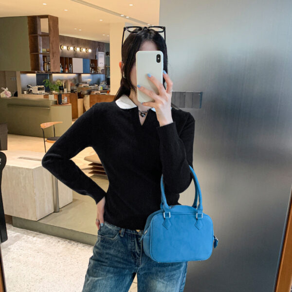 Style Mock Two-Piece Knit Top with Turn-Down Collar for Women, Fitted Sweater Shirt, Short Crop Top