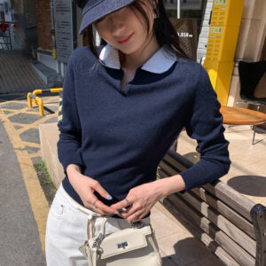 Style Mock Two-Piece Knit Top with Turn-Down Collar for Women, Fitted Sweater Shirt, Short Crop Top