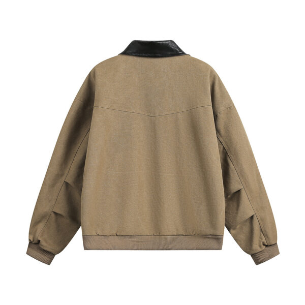 Splicing contrasting PU leather flip collar workwear jacket