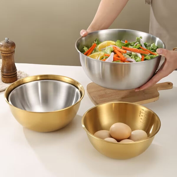 Golden mixing bowls for cooking, baking, noodles, and salads.