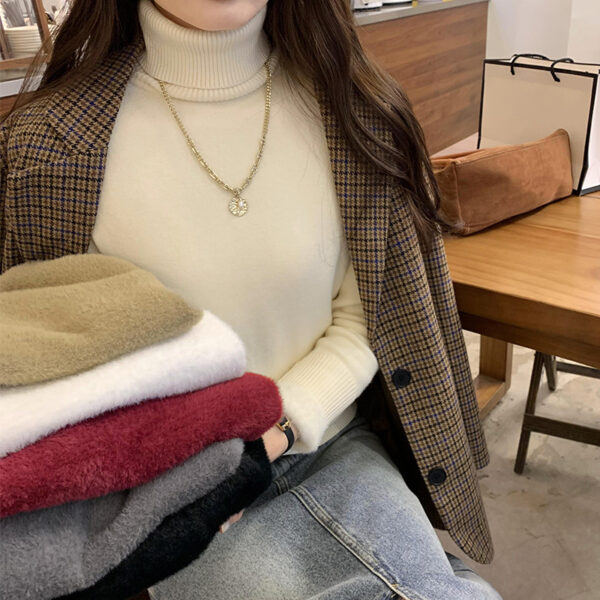 Cozy High Neck Long Sleeve Knit Sweater for Women, Thickened Fleece-Lined Inner Layer Top