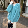 Blue V-Neck Loose Soft Knit Sweater for Women Long Sleeve Knit Top