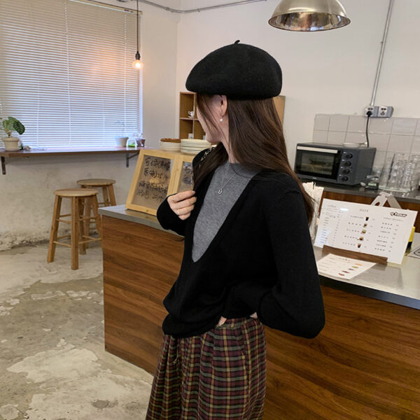 Casual Knit Sweater for Women, College Loose Fit, False Two-Piece Design