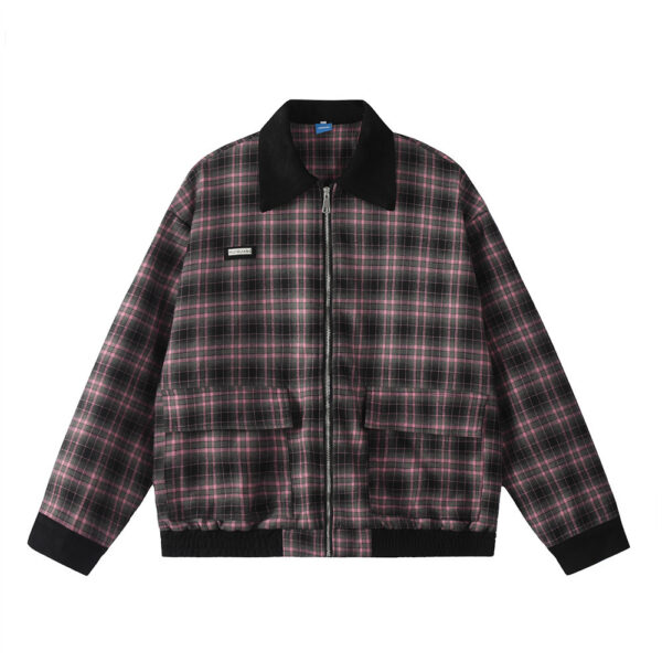 Plaid large pocket color blocked lapel jacket