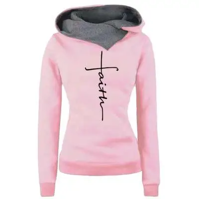 Autumn Winter Hoodies Sweatshirts Women Faith Embroidered Sweatshirt Long Sleeve Pullovers Christmas Casual Warm Hooded Tops